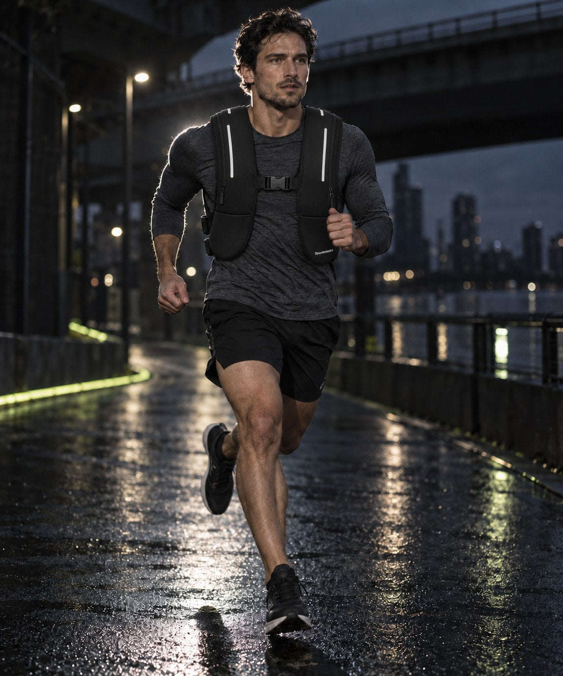 Athlete running at dusk in a black Spurathletics weighted vest